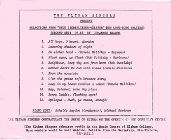 Leaflet, Program Guide: The Eltham Singers present Selections from "Neue Liebeslieder-Waltzer" (New Love-song Waltzes) (Second Set) op.65 by Johannes Brahms, 1978
