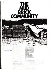 Magazine Article, The Mudbrick Community, Whitford and Peck Pty Ltd, edited by Brian Zouch, Architecture Australia, October/November 1978. pp50-54, 1978