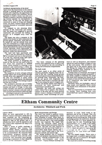 Magazine Article, Eltham Community Centre, Whitford and Peck Pty Ltd, Architect, August, 1979. pp17-19, 1979