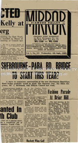 Newspaper - News Clipping, Diamond Valley Mirror, Sherbourne-Para Rd. Bridge To Start This Year?, Diamond Valley Mirror, Wednesday, 4th Sept., p1, 1963