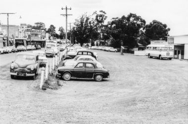 Photograph, Looking south across to the shopping centre from the west side of Main Road, Eltham, February 1968, Feb 1968