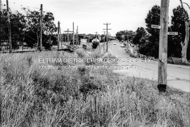 Photograph, Looking north along Main Road from Diamond Street Railway Crossing at intersection with Cecil Street, Eltham, February 1968, Feb 1968