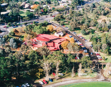 Photo album, Aerial view showing the new Eltham Library and relocated Shillinglaw Cottage, 1994, 1994