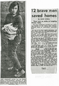 Newspaper clipping cut in half with black and white photograph with caption on left and text with heading and author on left.  "1965" handwritten/