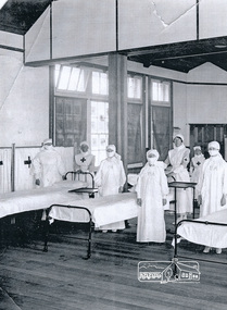 Copy of photograph, Nurses standing around hospital beds, believed to be at Kooringorama, Eltham, c.1920, 1920s