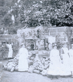 Copy of photograph, Group of ladies standing in front of a display of pumpkins, gourds, etc, c.1910s, 1910s