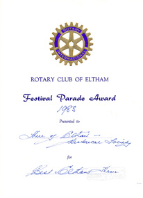 Certificate, Rotary Club of Eltham, Certificate, Festival Parade Award 1983, Rotary Club of Eltham, Eltham Community Festival 1983, 1983