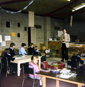 Photograph, Gavin Phillips leading Morning Devotions, Eltham Christian School, 1981