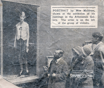 Newspaper clipping, Portrait by Max Meldrum, shown at the exhibition of his paintings in the Athenaeum Gallery. The artist is on the left of the group of visitors