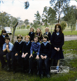 Photograph, Years 1, 2-5 and Eirene Trinham at the park, Eltham Christian School, 1981