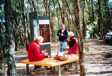 Photograph, Betty Lynch (left), Russell and Marion Yeoman at the Everard Memorial, Mt Everard, Kinglake National Park, c.April, 2004, 2004