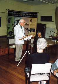 Photograph, Jock Ryan speaking on Gold and Charles Mapleston, 2001 Conference of the Association of Eastern Historical Societies hosted by Eltham District Historical Society, Eltham Senior Citizen's Hall, 28 April 2001