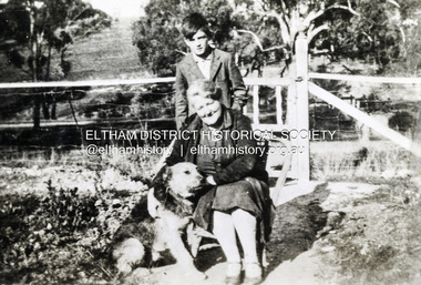 Photograph, Beatrice Arrowsmith (nee Quigley) and Robert Arrowsmith and King the dog at front gate of 523 Main Road, Eltham