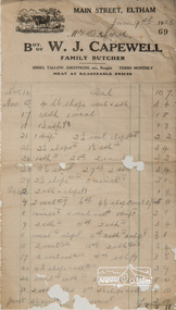 Invoice, Invoice No. 69, 9 Jan 1925 - Mr Orford; W.J. Capewell, Family Butcher, Main Street, Eltham, 09/01/1925