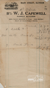 Invoice, Invoice No. 71, c. Jan 1925 - Mr Orford; W.J. Capewell, Family Butcher, Main Street, Eltham, 09/01/1925