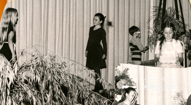 Photograph, End of year concert, “The Peacock and the Willy Wagtail”; Fiona Berry, Karen Whalley, Peter Whalley, Susan Field, Eltham Christian School, 1982