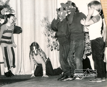 Photograph, End of year concert, “The Honey Hunt”; Karen Whalley, Susan Field, Peter Whalley, Jessica Doedens, Christopher Field, Eltham Christian School, 1982