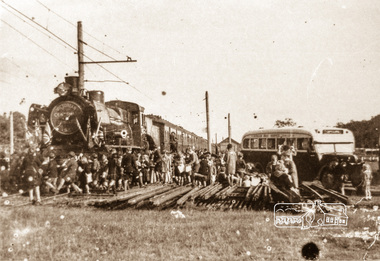 Negative - Photograph, Victorian Centenary Jubilee Steam Train 430, meeting with Eltham Bus Service, 1951