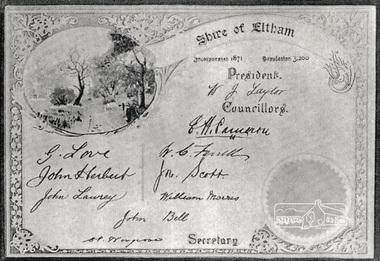 Photograph, Certificate: Shire of Eltham, Incorporated 1871, Population 3,200