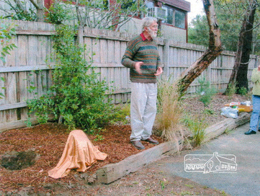 Photograph, Harry Gilham talking about Blanche Shallard; tree planting and plaque dedication in memory of Society member, Blanche Shallard, 11 Dec 2002, 11/12/2002