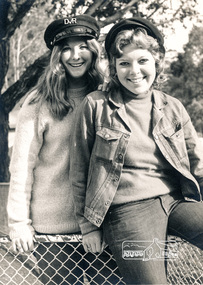 Photograph, Rutledge Films, Edith Rowe ("DVR" on cap) and Jenni Mitchell (wearing jacket) at Diamond Valley Railway, Eltham Lower Park, c.1970, 1970c
