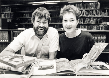 Photograph, Russell Yeoman, Secretary, Shire of Eltham Historical Society and Ruth Newton, Branch Manager, Eltham Library, April 1987, 1987