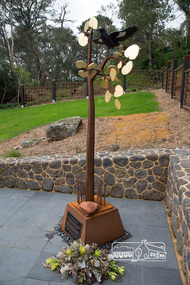 Photograph, Peter Pidgeon, ‘A Currawong Takes Flight’ – Corten steel and bronze sculpture by Michael Wilson (2015), Eltham Cemetery, 30 Aug 2015, 30 Aug 2015