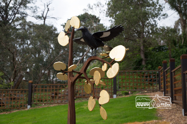 Photograph, Peter Pidgeon, ‘A Currawong Takes Flight’ – Corten steel and bronze sculpture by Michael Wilson (2015), Eltham Cemetery, 30 Aug 2015, 30 Aug 2015