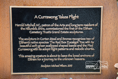 Photograph, Peter Pidgeon, ‘A Currawong Takes Flight’ – Corten steel and bronze sculpture by Michael Wilson (2015), Eltham Cemetery, 30 Aug 2015, 30 Aug 2015