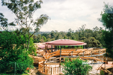 Photograph, Cr. Peter Graham, Central roof dome as seen from Main Road, Roof structures being fitted over the main hall, Eltham Library construction, Oct 1993, 1993