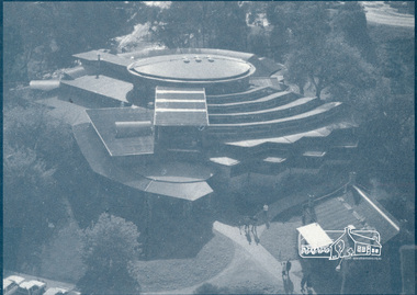 Photograph, The striking design of the Eltham Library from the air with Shillinglaw Cottage in the foreground