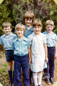Photograph, Prep to Grade 2: Peter Whalley, David Prentice, Christopher Field at back (grade 2), Corey Giesbrecht (1) and Natasha Watts (Prep), Eltham Christian School, March 1983, 1983