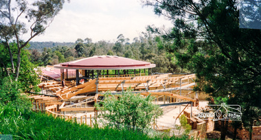 Photograph, Cr. Peter Graham, Central roof dome as seen from Main Road, Roof structures being fitted over the main hall, Eltham Library construction, Oct 1993, 1993