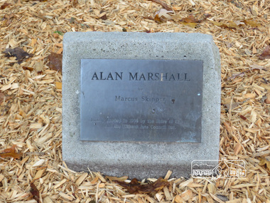 Photograph, Liz Pidgeon, Alan Marshall by Marcus Skipper (1995) outside Eltham Library, Panther Place, 21 May 2014, 21 May 2014
