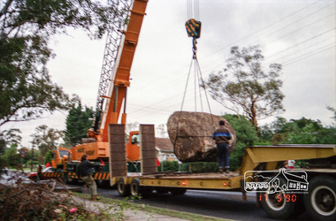 Photograph, Installation of commemorative rock for Walter Withers at corner of Bible and Arthur Streets, Eltham, 17 May 1990, 1990