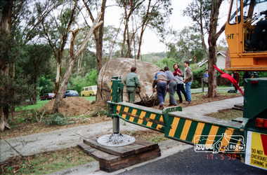Photograph, Installation of commemorative rock for Walter Withers at corner of Bible and Arthur Streets, Eltham, 17 May 1990, 1990