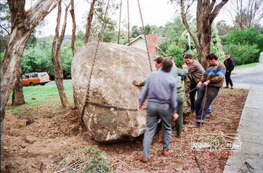 Photograph, Installation of commemorative rock for Walter Withers at corner of Bible and Arthur Streets, Eltham, 17 May 1990, 1990