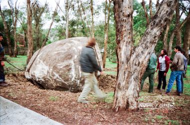 Photograph, Installation of commemorative rock for Walter Withers at corner of Bible and Arthur Streets, Eltham, 17 May 1990, 1990