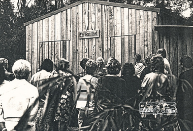 Photocopy of photo, Eltham Living and Learning Centre "Goat Shed" - unofficial opening by Claire Fitzpatrick, 3 December 1989, 03/12/1989
