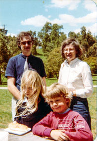 Photograph, Gavin Phillips and Anne Wilson with Fiona and Matthew at the end of year picnic, Eltham Christian School, 1983