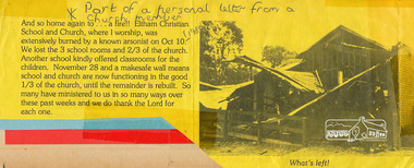 Photograph, Eltham Christian School, severely damaged by a deliberate fire, 10 October 1989, 1989