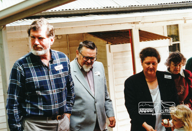 Photograph, Councillor John Graves, President, Shire of Eltham, Jock Kyme (centre) and Leslie Shuttleworth at the unveiling of the centre made plaque in the forecourt, Eltham Living and Learning Centre, 10 October 1994, 10/10/1994