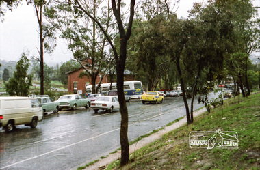 Photograph, Hurstbridge Coaches depot and Hurstbridge rail station, Heidelberg-Kinglake Road, Hurstbridge, c.1980