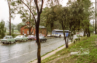 Photograph, Hurstbridge Coaches depot and Hurstbridge rail station, Heidelberg-Kinglake Road, Hurstbridge, c.1980