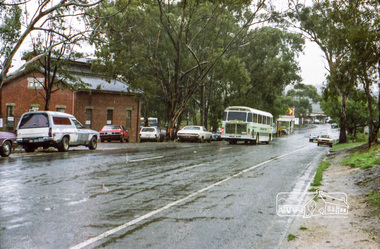 Photograph, Hurstbridge Coaches depot and Hurstbridge rail station, Heidelberg-Kinglake Road, Hurstbridge, c.1980