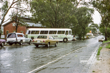 Photograph, Hurstbridge Coaches depot and Hurstbridge rail station, Heidelberg-Kinglake Road, Hurstbridge, c.1980