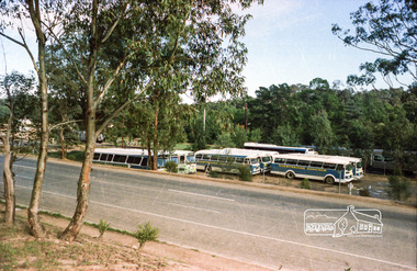 Photograph, Hurstbridge Coaches depot and Hurstbridge rail station, Heidelberg-Kinglake Road, Hurstbridge, c.1980