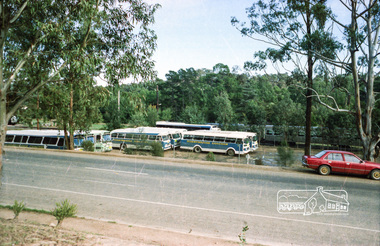 Photograph, Hurstbridge Coaches depot and Hurstbridge rail station, Heidelberg-Kinglake Road, Hurstbridge, c.1980