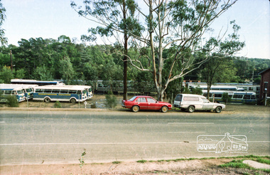 Photograph, Hurstbridge Coaches depot and Hurstbridge rail station, Heidelberg-Kinglake Road, Hurstbridge, c.1980