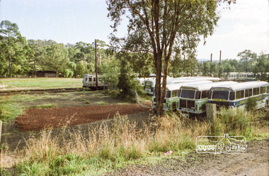 Photograph, Hurstbridge Coaches depot and Hurstbridge rail station, Heidelberg-Kinglake Road, Hurstbridge, c.1980